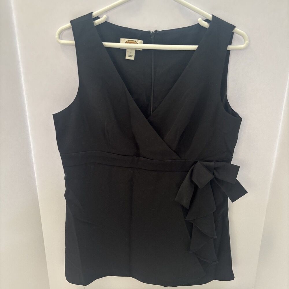 Talbots Shirt Women Sz 12P Petite Black Chiffon Silky Ruffle Faux Wrap Blouse